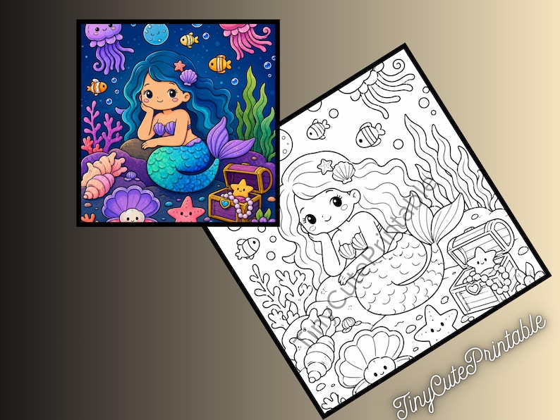 May include: A digital coloring page set featuring a colored example and a black and white line art version of a mermaid with long hair, a fish tail, and a treasure chest, surrounded by coral, fish, and shells, with the text TinyCutePrintable.