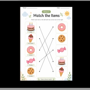 May include: A printable educational worksheet titled Group 3 Match the Items featuring two columns of colorful food illustrations including cake, ice cream, donut, candy, and cookie, with black lines drawn to connect matching items on the page.