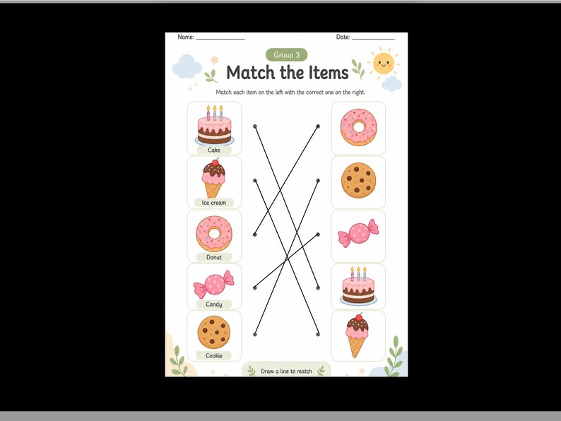 May include: A printable educational worksheet titled Group 3 Match the Items featuring two columns of colorful food illustrations including cake, ice cream, donut, candy, and cookie, with black lines drawn to connect matching items on the page.