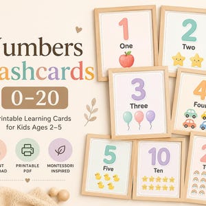 May include: A collection of framed number flashcards for kids, featuring numbers 1 through 20. Each card displays a number, its corresponding word, and colorful illustrations like apples, stars, balloons, cars, and ducks. The text "Numbers Flashcards 0-20" is also visible.