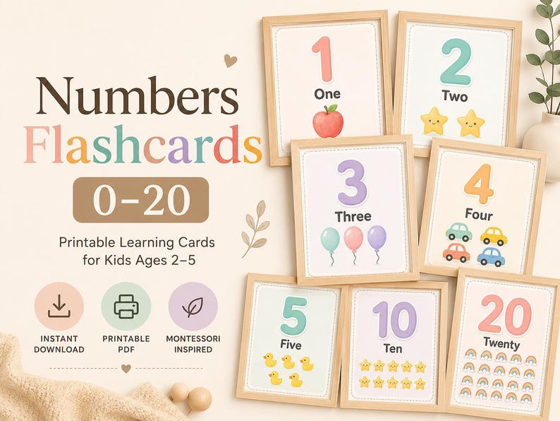 May include: A collection of framed number flashcards for kids, featuring numbers 1 through 20. Each card displays a number, its corresponding word, and colorful illustrations like apples, stars, balloons, cars, and ducks. The text "Numbers Flashcards 0-20" is also visible.