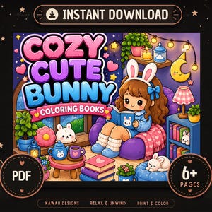 Kawaii Bunny Coloring Book Pages, Cozy Hygge Scenes, Coco Wyo, Relaxing Art (PDF Download)