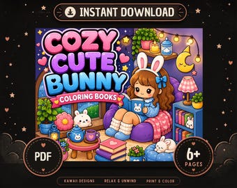 Kawaii Bunny Coloring Book Pages, Cozy Hygge Scenes, Coco Wyo, Relaxing Art (PDF Download)
