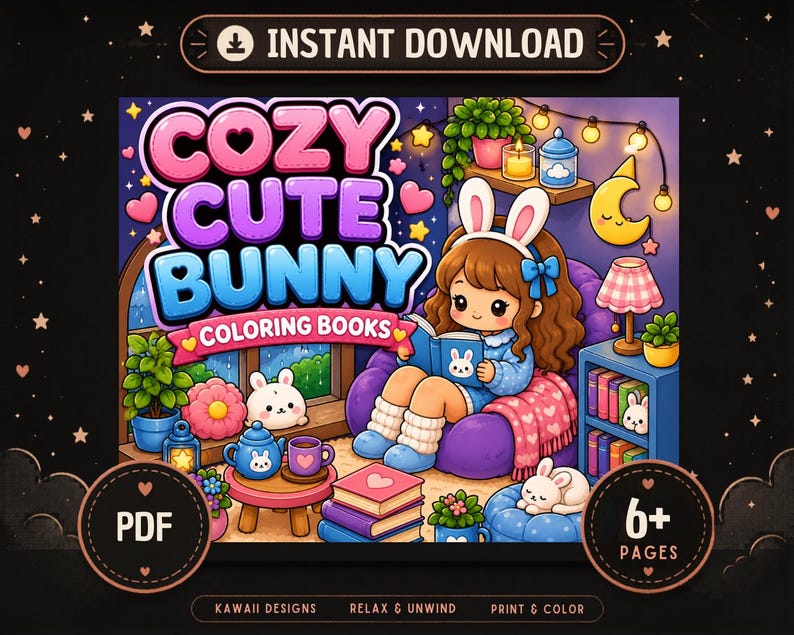May include: A digital coloring book cover titled COZY CUTE BUNNY featuring a cartoon character with bunny ears reading a book in a purple chair. The scene includes a small table with a teapot, stacked books, potted plants, and a crescent moon lamp.