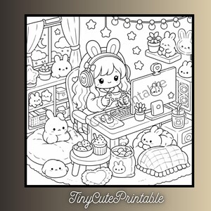 May include: A black and white line art coloring page featuring a character with bunny ears wearing headphones and holding a game controller at a desk with a computer, keyboard, and mouse. The room includes shelves with small bunny figures, stars, and plants.