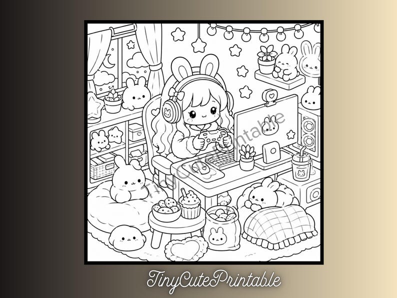 May include: A black and white line art coloring page featuring a character with bunny ears wearing headphones and holding a game controller at a desk with a computer, keyboard, and mouse. The room includes shelves with small bunny figures, stars, and plants.