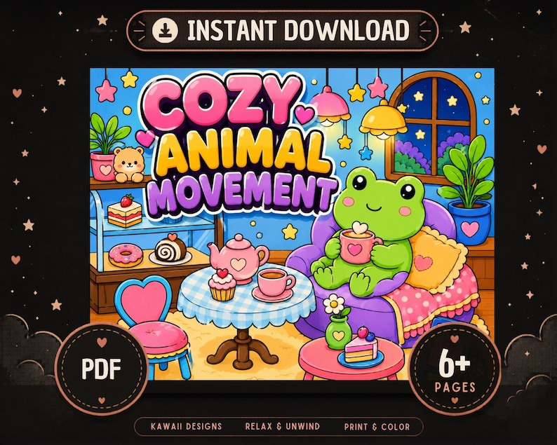 May include: A digital colouring book page titled COZY ANIMAL MOVEMENT featuring a green frog sitting on a purple sofa holding a mug. The scene includes a table with a pink teapot, a cupcake, a slice of cake, a chair, and a window with stars.