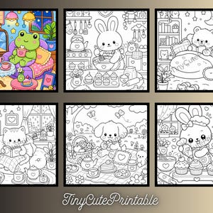May include: A collection of six square coloring pages featuring cute animals in various settings, including a frog in a cafe, a rabbit baking, a bear reading in bed, a cat reading, a dog having a picnic, and a rabbit decorating cupcakes.