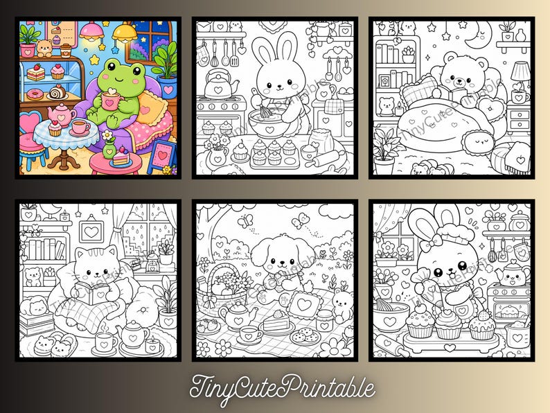 May include: A collection of six square coloring pages featuring cute animals in various settings, including a frog in a cafe, a rabbit baking, a bear reading in bed, a cat reading, a dog having a picnic, and a rabbit decorating cupcakes.