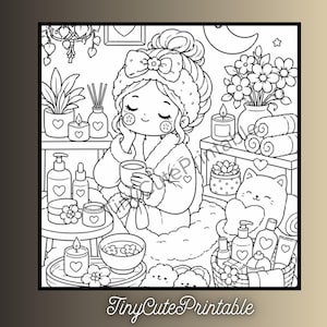 May include: A black and white coloring page illustration featuring a character in a bathrobe and headband with a bow, surrounded by spa items including candles, potted plants, skincare bottles, rolled towels, and a cat, with the text TinyCutePrintable.