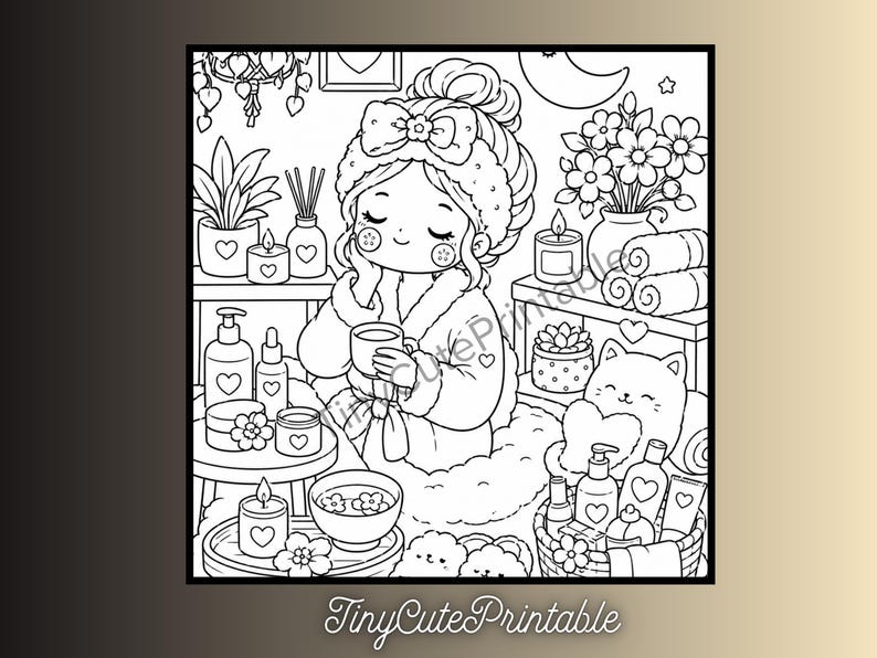 May include: A black and white coloring page illustration featuring a character in a bathrobe and headband with a bow, surrounded by spa items including candles, potted plants, skincare bottles, rolled towels, and a cat, with the text TinyCutePrintable.