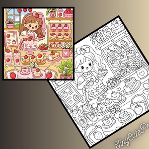 May include: A digital colouring page featuring a character decorating a strawberry cake in a bakery, surrounded by cupcakes, drinks, and plants. The image includes a coloured reference version and a black and white line art version with the text TinyCutePrintable.