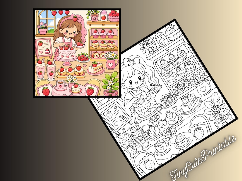 May include: A digital colouring page featuring a character decorating a strawberry cake in a bakery, surrounded by cupcakes, drinks, and plants. The image includes a coloured reference version and a black and white line art version with the text TinyCutePrintable.