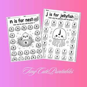 May include: Two black and white printable worksheets for children. One worksheet is titled "n is for nest" and features a bird in a nest. The other is titled "j is for jellyfish" and features a smiling jellyfish. The text "Tiny Cute Printables" is at the bottom.