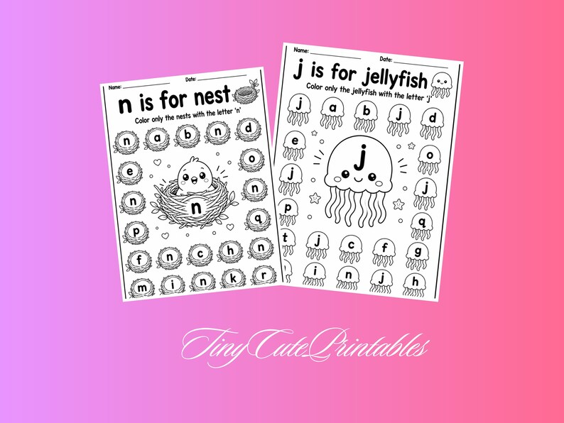 May include: Two black and white printable worksheets for children. One worksheet is titled "n is for nest" and features a bird in a nest. The other is titled "j is for jellyfish" and features a smiling jellyfish. The text "Tiny Cute Printables" is at the bottom.