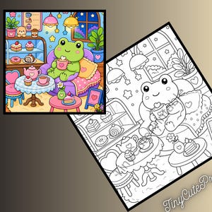 May include: A coloring page featuring a cartoon frog sitting on a purple sofa, holding a mug. The scene includes a display case with pastries, a table with a teapot and cupcakes, a window with stars, and the text TinyCutePrintable in the corner.