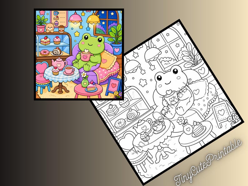 May include: A coloring page featuring a cartoon frog sitting on a purple sofa, holding a mug. The scene includes a display case with pastries, a table with a teapot and cupcakes, a window with stars, and the text TinyCutePrintable in the corner.