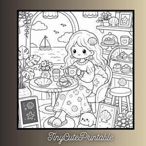 May include: A black and white coloring page illustration featuring a character sitting at a cafe table with a drink, surrounded by seashell decor, potted plants, a display case of pastries, and a window view of a sailboat on the ocean.