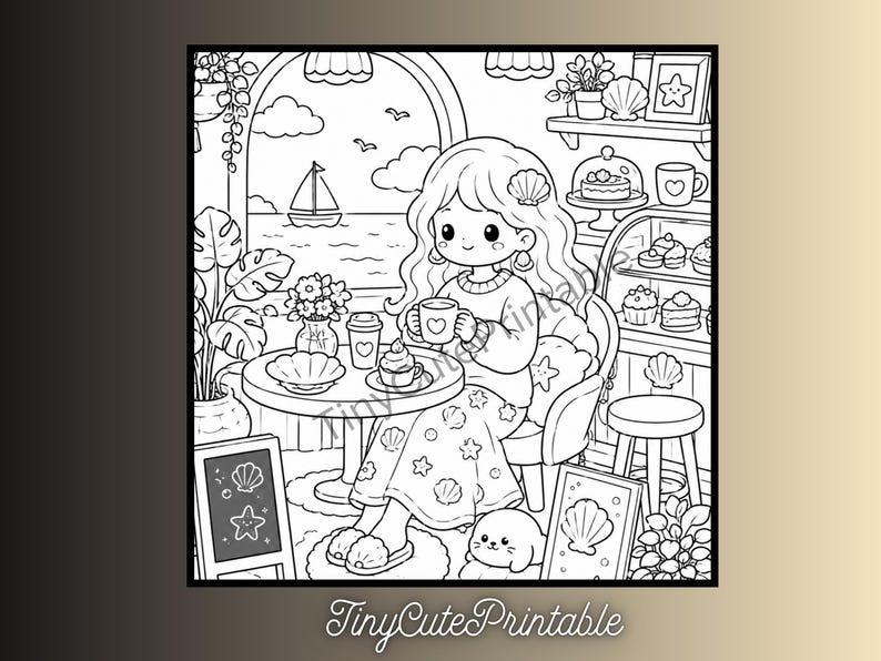 May include: A black and white coloring page illustration featuring a character sitting at a cafe table with a drink, surrounded by seashell decor, potted plants, a display case of pastries, and a window view of a sailboat on the ocean.