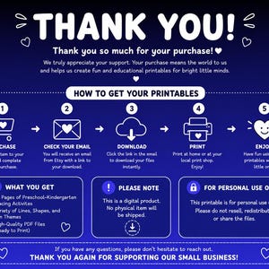May include: A dark blue digital instruction card titled THANK YOU! with white text and icons. It outlines five steps to access printable files: purchase, check email, download, print, and enjoy. It includes sections for what is included, notes, and usage.