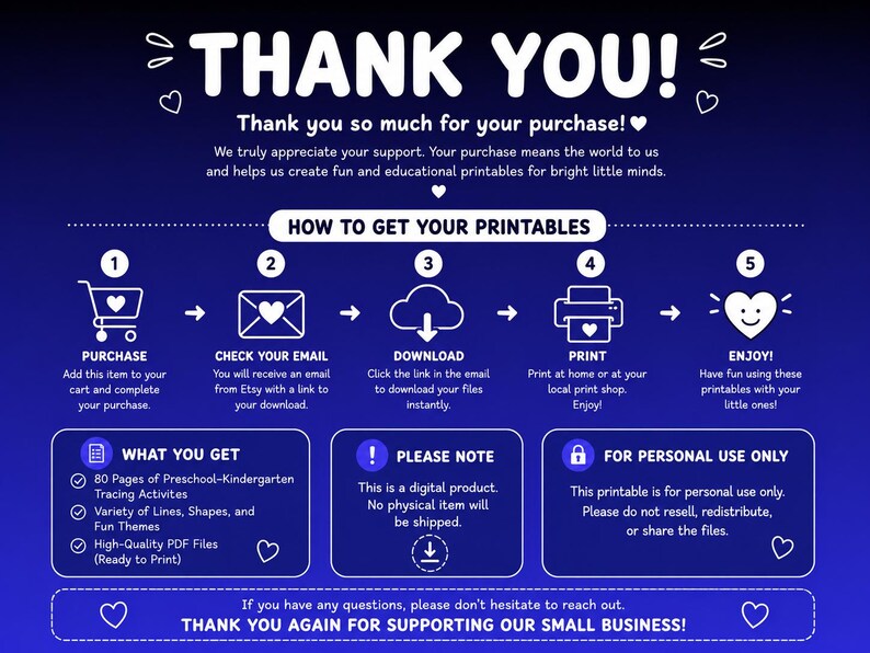 May include: A dark blue digital instruction card titled THANK YOU! with white text and icons. It outlines five steps to access printable files: purchase, check email, download, print, and enjoy. It includes sections for what is included, notes, and usage.