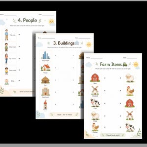 May include: Three educational worksheets featuring matching activities for children. The pages are titled 4. People, 3. Buildings, and Farm Items. Each sheet includes colorful illustrations of people, various structures, and farm animals with dots for drawing lines.