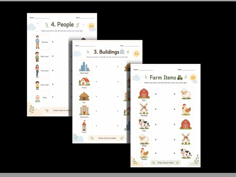 May include: Three educational worksheets featuring matching activities for children. The pages are titled 4. People, 3. Buildings, and Farm Items. Each sheet includes colorful illustrations of people, various structures, and farm animals with dots for drawing lines.