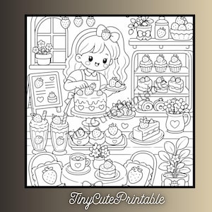 May include: A black and white colouring page illustration featuring a character decorating a strawberry cake in a bakery setting. The scene includes shelves with cupcakes, various strawberry-themed desserts, drinks, and a sign with strawberry icons.