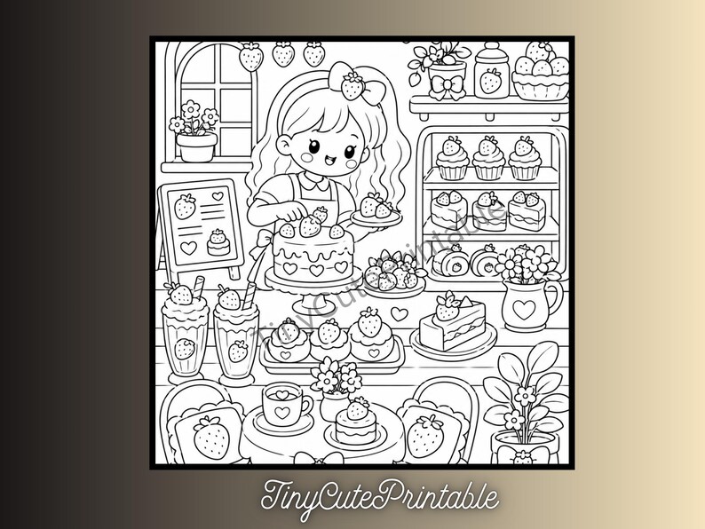 May include: A black and white colouring page illustration featuring a character decorating a strawberry cake in a bakery setting. The scene includes shelves with cupcakes, various strawberry-themed desserts, drinks, and a sign with strawberry icons.