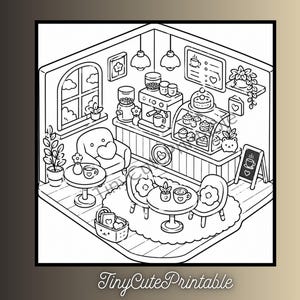 May include: A black and white line art coloring page featuring an isometric view of a cozy cafe interior. The scene includes a counter with an espresso machine, a display case filled with pastries, tables with chairs, a window, and potted plants.