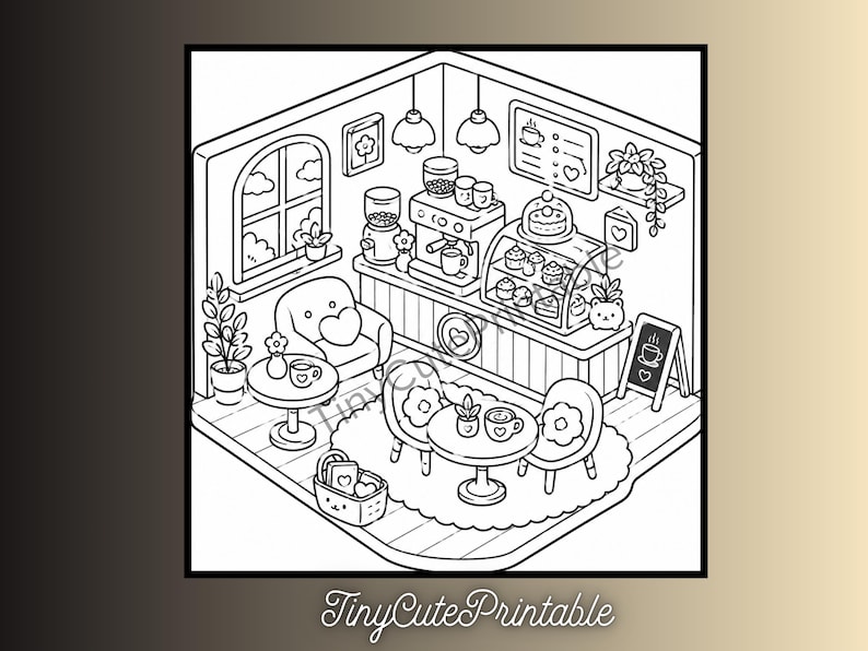 May include: A black and white line art coloring page featuring an isometric view of a cozy cafe interior. The scene includes a counter with an espresso machine, a display case filled with pastries, tables with chairs, a window, and potted plants.