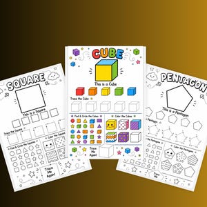 Op de afbeelding: Drie educatieve werkbladen voor kinderen met geometrische vormen. Het linkerblad is getiteld SQUARE, het middelste blad CUBE en het rechterblad PENTAGON. Elke pagina bevat omtrekken om over te trekken, kleuractiviteiten en taken voor vormherkenning.