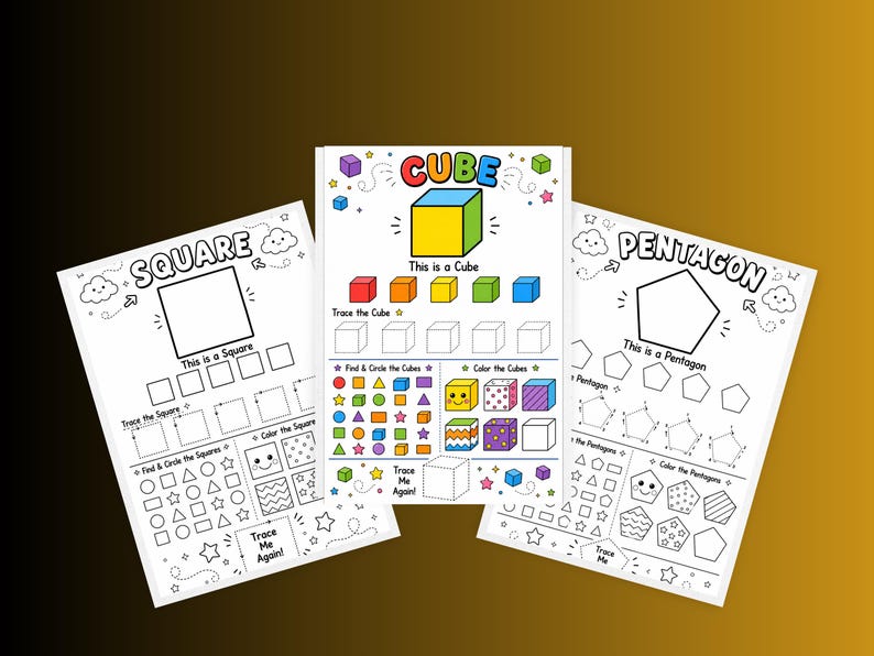 Op de afbeelding: Drie educatieve werkbladen voor kinderen met geometrische vormen. Het linkerblad is getiteld SQUARE, het middelste blad CUBE en het rechterblad PENTAGON. Elke pagina bevat omtrekken om over te trekken, kleuractiviteiten en taken voor vormherkenning.