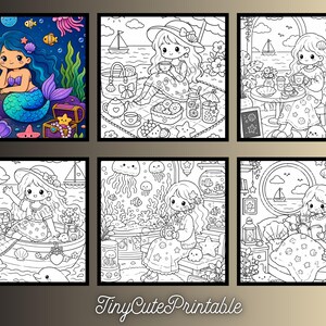 May include: A collection of six coloring pages featuring a mermaid in a colorful underwater scene and five black and white line art illustrations of a character in various coastal settings, with the text TinyCutePrintable at the bottom.