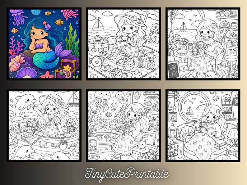 May include: A collection of six coloring pages featuring a mermaid in a colorful underwater scene and five black and white line art illustrations of a character in various coastal settings, with the text TinyCutePrintable at the bottom.