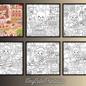 May include: A set of six square colouring pages featuring scenes of characters baking and eating sweets in a kitchen. The images include a coloured example of a girl with a strawberry cake and five black and white line art illustrations.