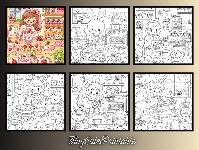 May include: A set of six square colouring pages featuring scenes of characters baking and eating sweets in a kitchen. The images include a coloured example of a girl with a strawberry cake and five black and white line art illustrations.