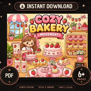 Cozy Bakery Coloring Book, Kawaii Dessert Pages, Relaxing Activity (PDF Download)