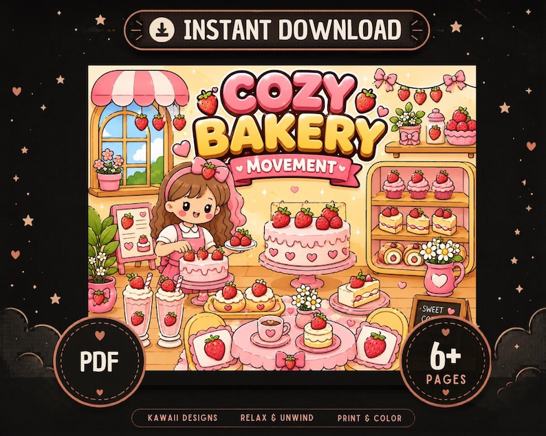 May include: A digital colouring page titled COZY BAKERY MOVEMENT featuring a character decorating a strawberry cake in a bakery setting. The scene includes shelves with pastries, a table with sweets, and strawberry-themed decor in pink and cream.