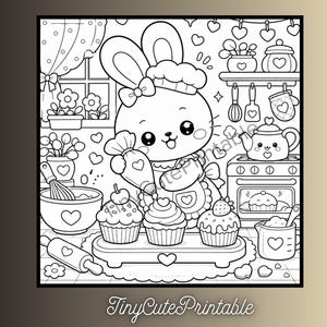 May include: A black and white coloring page featuring a cartoon rabbit wearing a chef hat and apron, piping frosting onto cupcakes in a kitchen. The scene includes a stove, mixing bowl, rolling pin, and heart motifs. The text TinyCutePrintable is visible.
