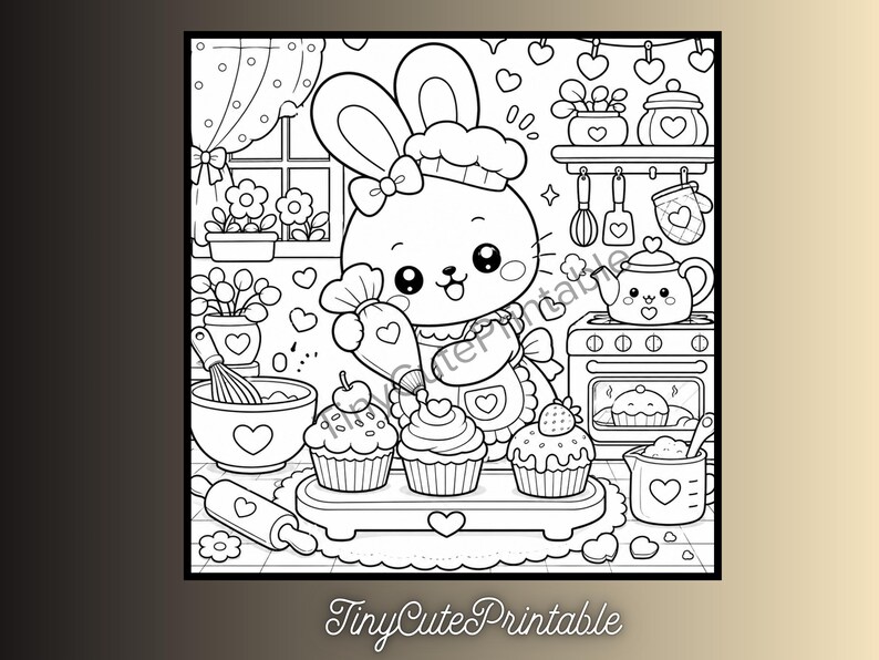 May include: A black and white coloring page featuring a cartoon rabbit wearing a chef hat and apron, piping frosting onto cupcakes in a kitchen. The scene includes a stove, mixing bowl, rolling pin, and heart motifs. The text TinyCutePrintable is visible.