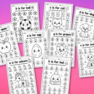 May include: A collection of black and white educational worksheets for children. Each sheet features a letter of the alphabet with corresponding images, such as an apple, ball, cat, dog, egg, grapes, hat, snake, and unicorn. The worksheets are designed for coloring.