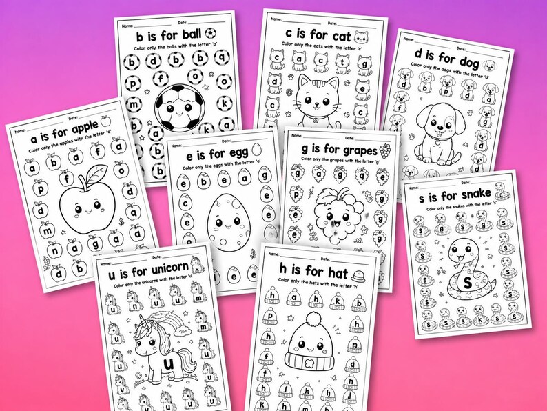 May include: A collection of black and white educational worksheets for children. Each sheet features a letter of the alphabet with corresponding images, such as an apple, ball, cat, dog, egg, grapes, hat, snake, and unicorn. The worksheets are designed for coloring.