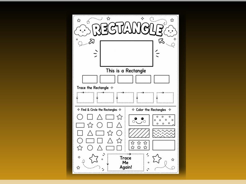 Op de afbeelding: Een zwart-wit educatief werkblad met de titel RECTANGLE, voorzien van overtrek-oefeningen, een sectie om vormen te zoeken en te omcirkelen, en een gedeelte om rechthoeken in te kleuren, inclusief wolkillustraties en de tekst Trace Me Again.