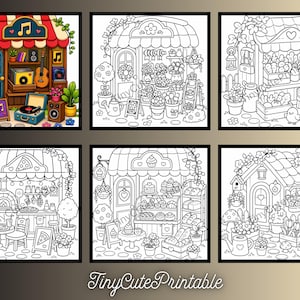 K&ouml;nnte beinhalten: Eine Sammlung von sechs quadratischen Ausmalbildern mit verschiedenen Ladenfronten, darunter ein Musikgesch&auml;ft, ein Blumenladen, ein Marktstand, eine Pizzeria, eine B&auml;ckerei und ein Gartenhaus. Jede Illustration enth&auml;lt detaillierte Linien.