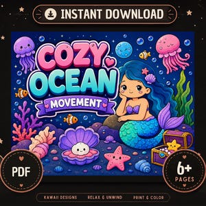 Kawaii Mermaid Coloring Book, Cozy Ocean Moments, Kids Adults PDF (6+ Pages)