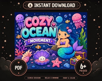 Kawaii Mermaid Coloring Book, Cozy Ocean Moments, Kids Adults PDF (6+ Pages)