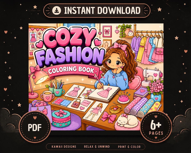 Kawaii Fashion Coloring Book for Teens, Cozy Self-Care Activity (PDF Download) image 1