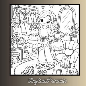 May include: A black and white line art colouring page featuring a character standing in a room with a clothing rack, a mirror, and a chair. The character holds two dresses while surrounded by various accessories, including handbags, shoes, and plants.
