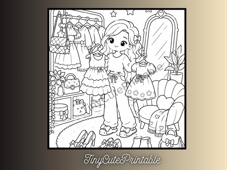 May include: A black and white line art colouring page featuring a character standing in a room with a clothing rack, a mirror, and a chair. The character holds two dresses while surrounded by various accessories, including handbags, shoes, and plants.